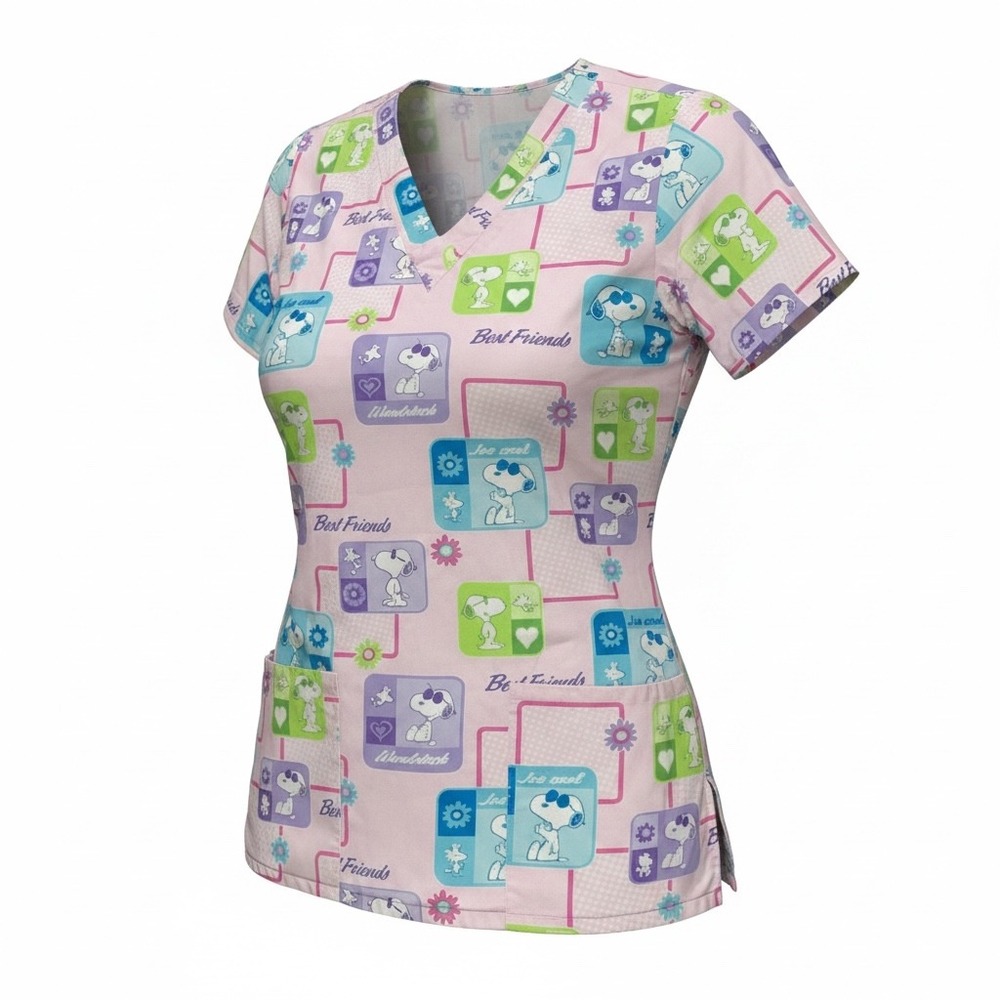 Peanuts Snoopy Joe Cool Scrub Top Womens Small Pink V-Neck Best Friends Print